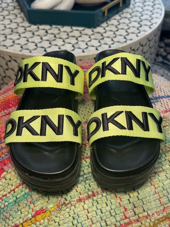Dkny Shoes - DKNY Black Slide Sandals with Neon Yellow Logo Straps Platform Logo Heeled